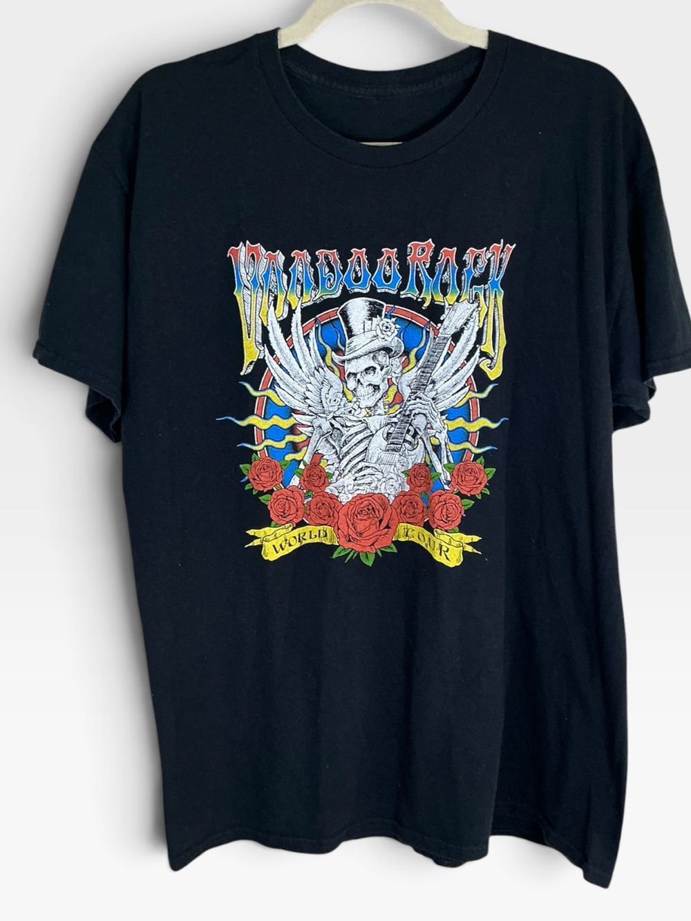 Voodoo Rock World Tour Black Skeleton Guitar Graphic T-Shirt Large